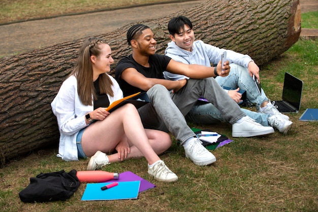 College students cramming outdoor