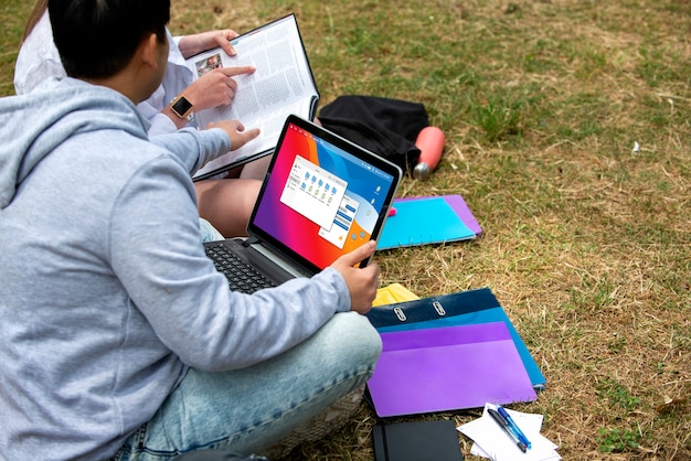 College students cramming outdoor