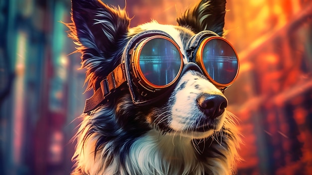 Free photo collie dog in futuristic goggles cybernetic background