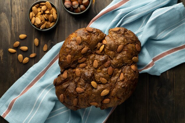 Colomba with chocolate and almonds above view