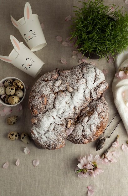 Colomba with powder and flowers above view