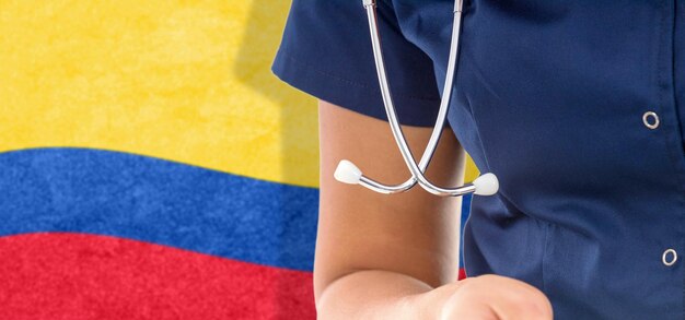 Colombia flag female doctor with stethoscope, national healthcare system