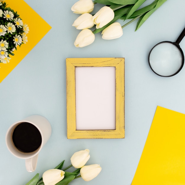 Color desk with yellow frame for mock up on blue background