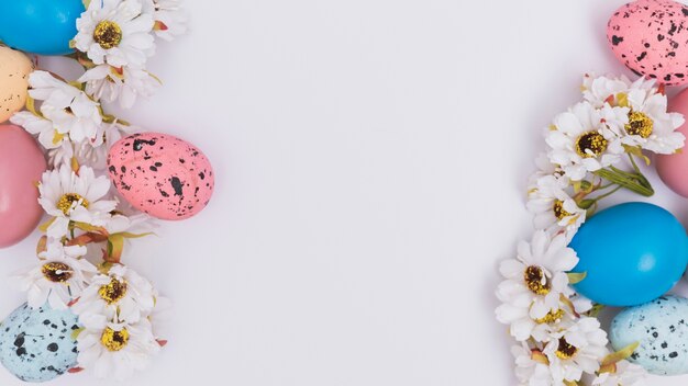 Colored eggs and flowers on white