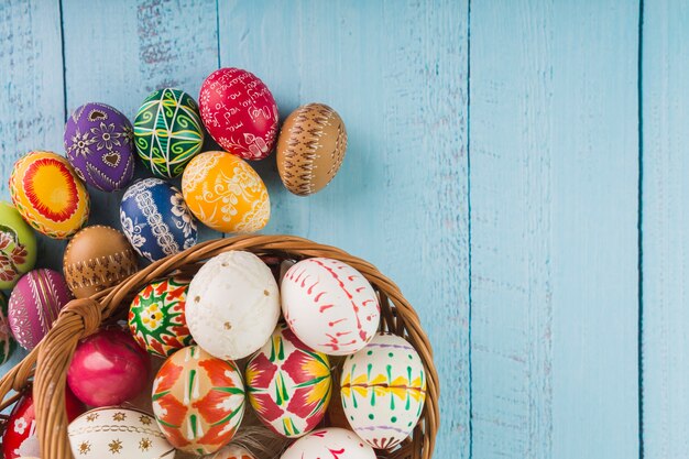 Colored eggs in wicker basket