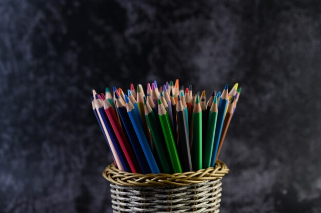 Colored pencils in a pencil case, selective focus