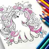 Foto gratuita matite colorate con un carino disegno di unicorno su carta illustrazione vettoriale