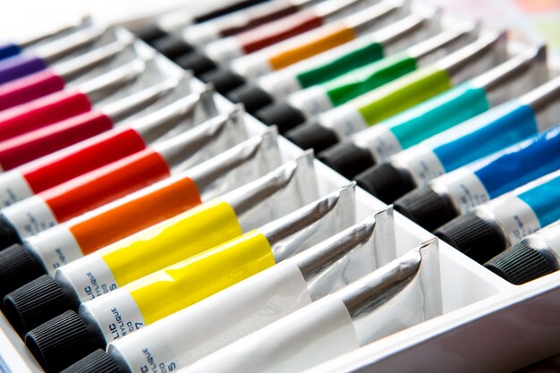 Colorful acrylic paints in tubes