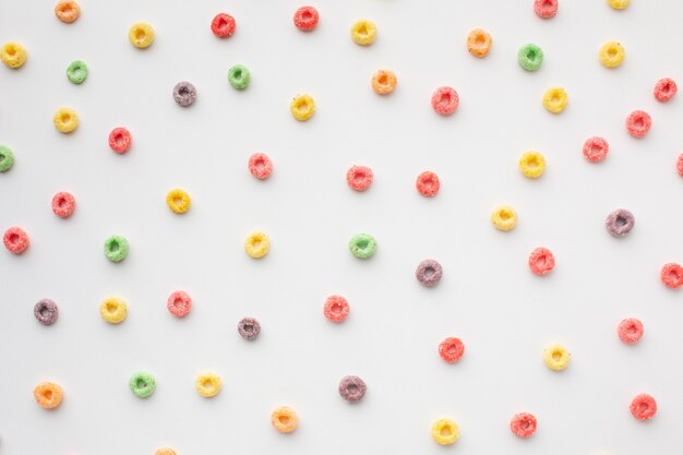 Colorful arrangement of cereal on a table