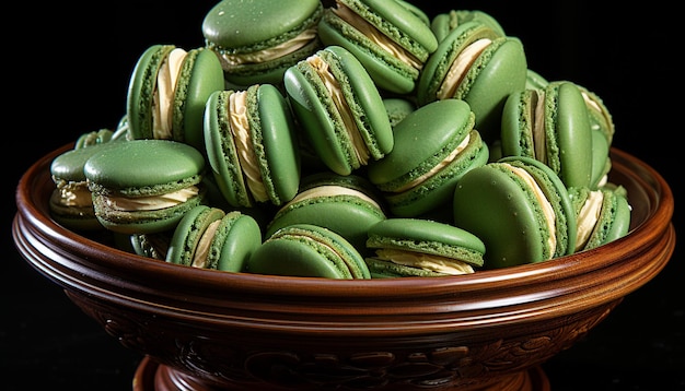 Free photo a colorful arrangement of macaroons on a green and pink table generated by artificial intelligence