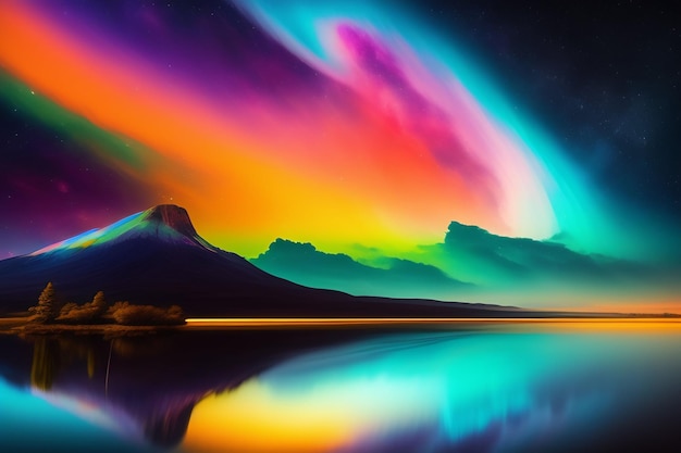 A colorful aurora over a lake with mountains in the background.