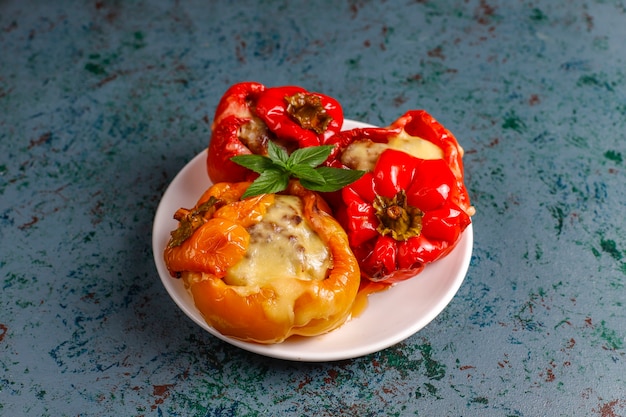 Free photo colorful baked with cheese, stuffed peppers with minced meat.