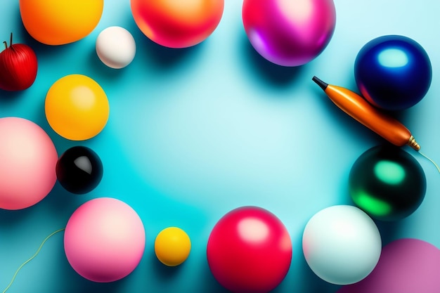 A colorful ball and a pen on a blue background