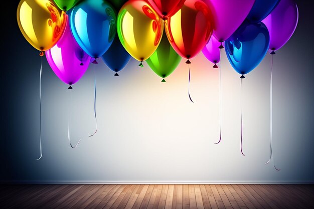 Colorful balloons floating in a room with a white wall and a wooden floor