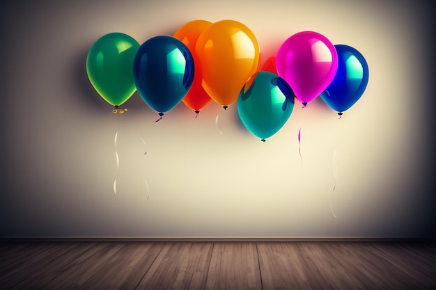 Colorful balloons in a room with a wooden floor