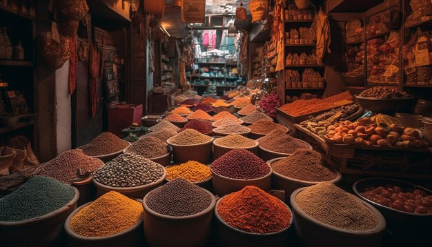 Free photo colorful baskets of fresh spices for sale generated by ai