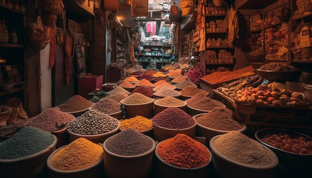 Colorful baskets of fresh spices for sale generated by AI