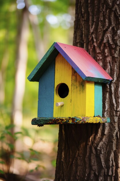 Colorful bird house outdoors