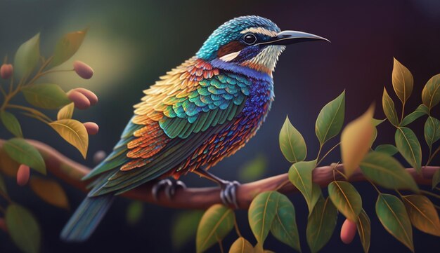 A colorful bird sits on a branch with a person's hand.