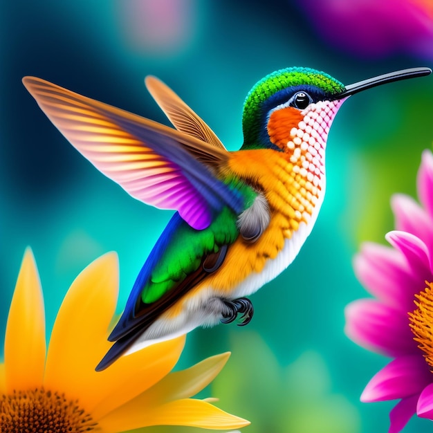 A colorful bird with a green head and orange wings is flying in front of a colorful flower.