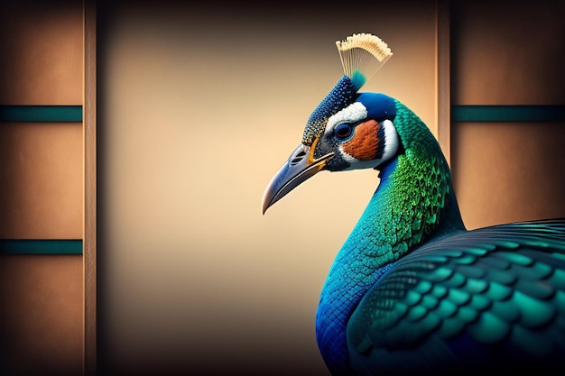 Free photo a colorful bird with a plastic bag on its head is sitting on a wooden shelf.