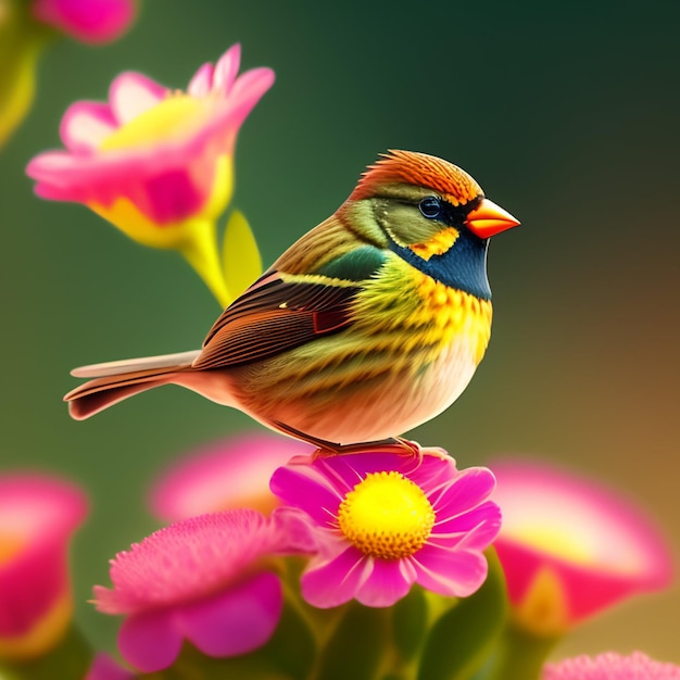 A colorful bird with a yellow beak sits on a pink flower.