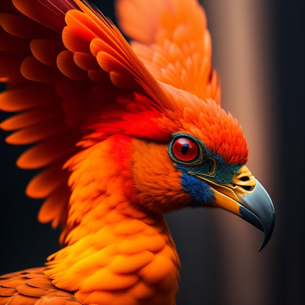 A colorful bird with a yellow head and red feathers.