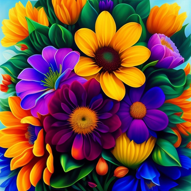 A colorful bouquet of flowers is displayed on a blue background.