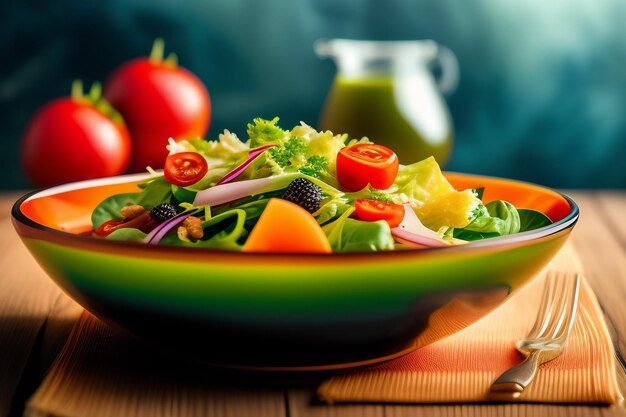 A colorful bowl of salad with tomatoes and cucumbers on the side