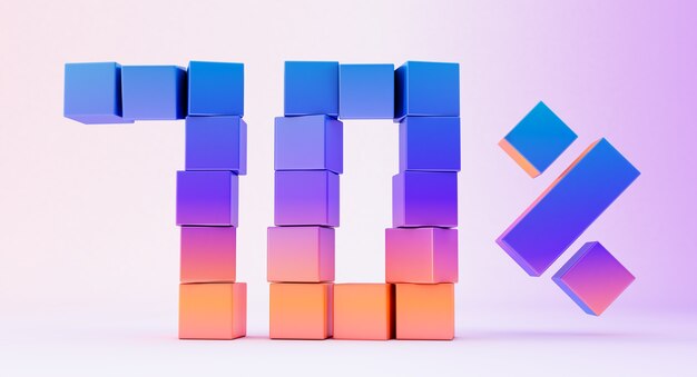 Colorful boxes forming the number seventy isolated on white background, 3d render