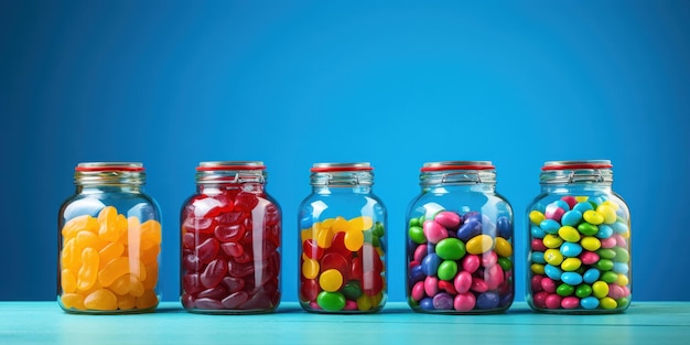 Colorful candies in jars on a bright blue background