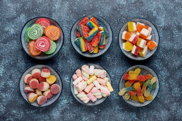 Colorful candies, jelly and marmalade, top view
