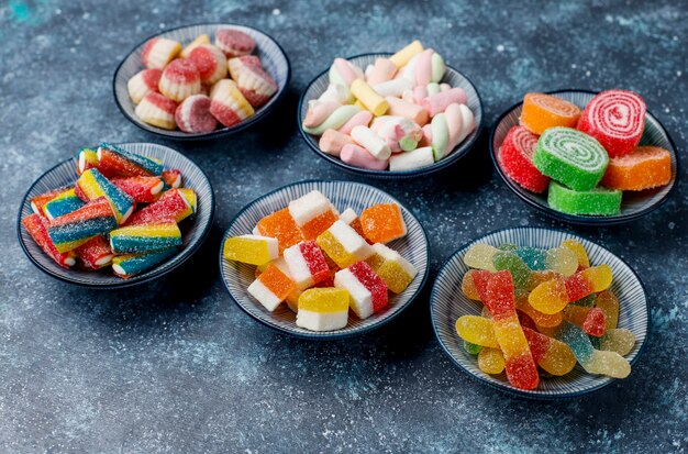 Colorful candies, jelly and marmalade, top view