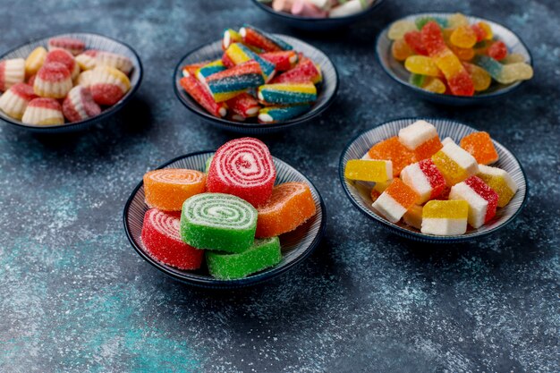 Colorful candies, jelly and marmalade, top view