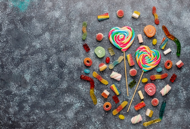 Colorful candies, jelly and marmalade, top view