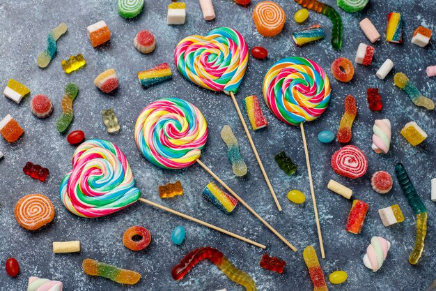 Colorful candies, jelly and marmalade, top view