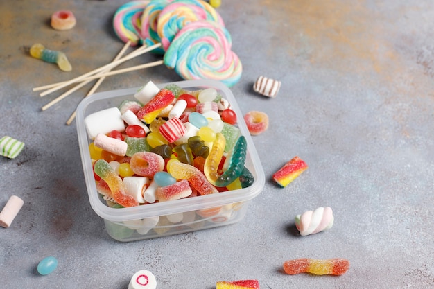 Colorful candies, jelly and marmalade,unhealthy sweets.