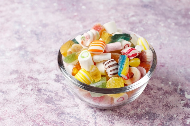 Colorful candies, jelly and marmalade,unhealthy sweets