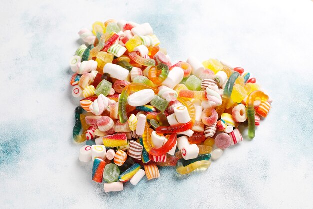 Colorful candies, jelly and marmalade,unhealthy sweets.