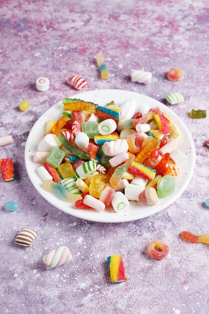 Colorful candies, jelly and marmalade,unhealthy sweets.