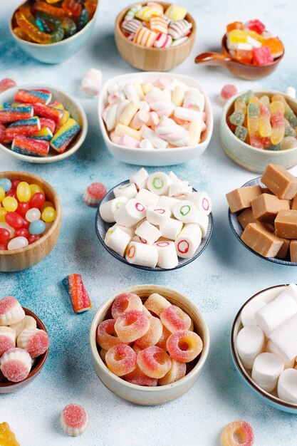 Colorful candies, jelly and marmalade,unhealthy sweets.