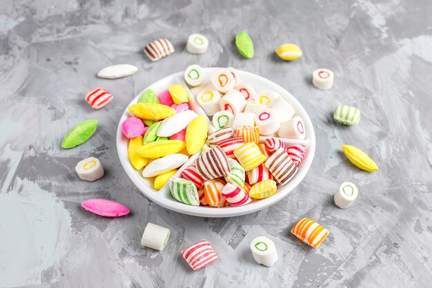 Colorful candies, jelly and marmalade, unhealthy sweets.