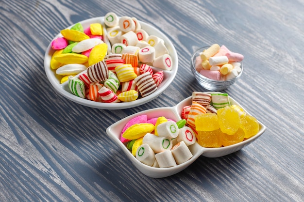 Colorful candies, jelly and marmalade, unhealthy sweets.