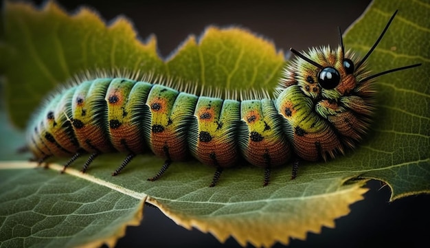 Caterpillar colorato striscia su una foglia verde generata dall'intelligenza artificiale
