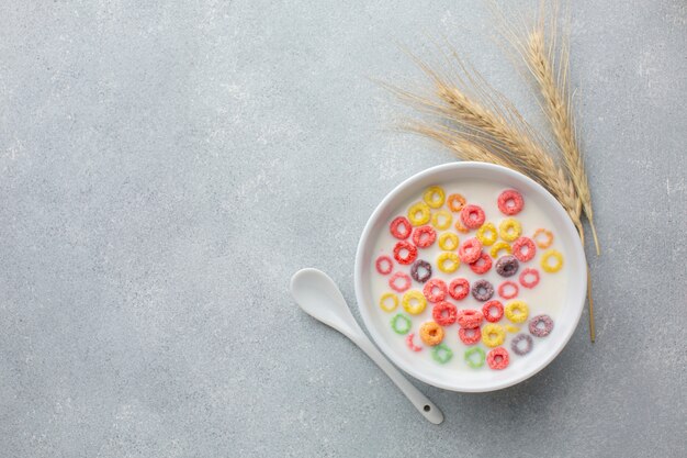 colorful cereal bowl with milk and wheat