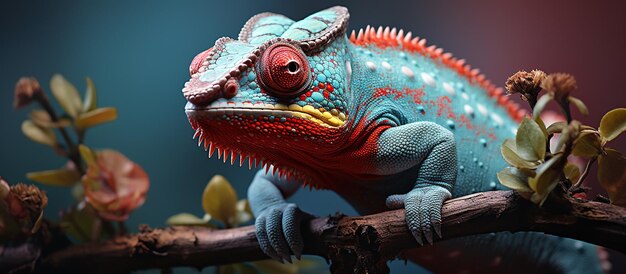 Colorful chameleon on a branch with autumn leaves on dark background