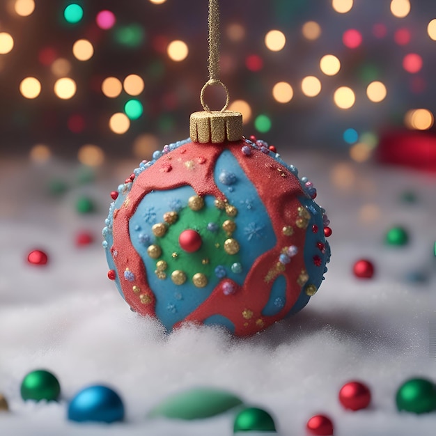 Бесплатное фото Красочное рождественское украшение безделушки на снегу с фоном боке
