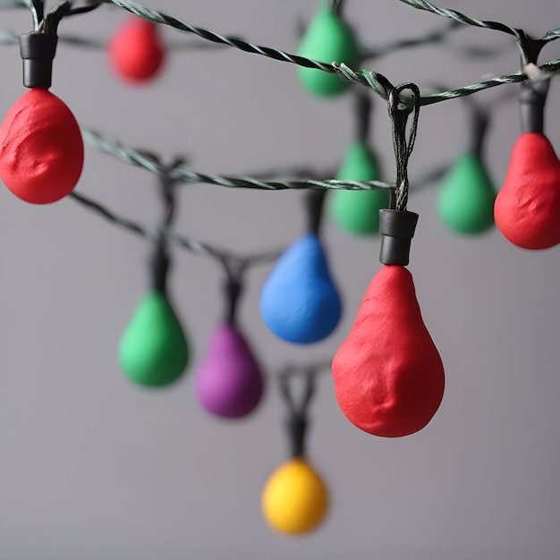 Colorful Christmas lights on grey background closeup Festive decor