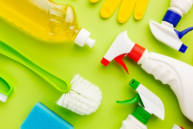 Colorful cleaning products top view