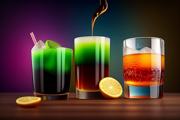 A colorful cocktail with a lemon wedge on the right side.